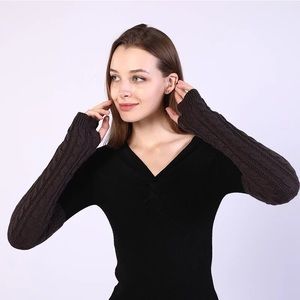 Long Dark Gray Cable Knit Over Elbow Fingerless Gloves